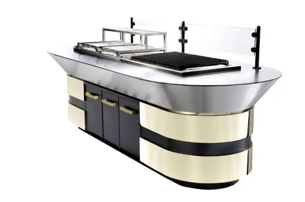 Estación de cocina modular con acabado elegante, plancha y vitrina expositora