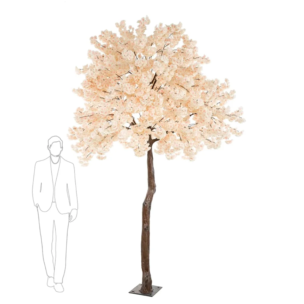 Árbol de cerezo artificial de gran tamaño con flores rosadas y base metálica, ideal para decoración interior de alto impacto.