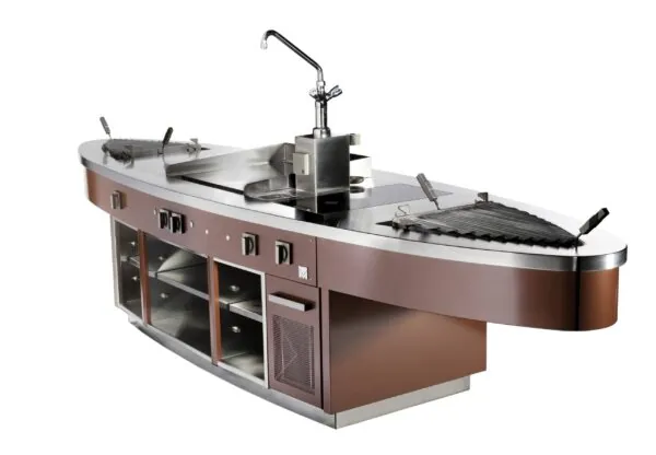 Cocina monoblock curva con acabados en acero y frontal marrón, diseño italiano exclusivo