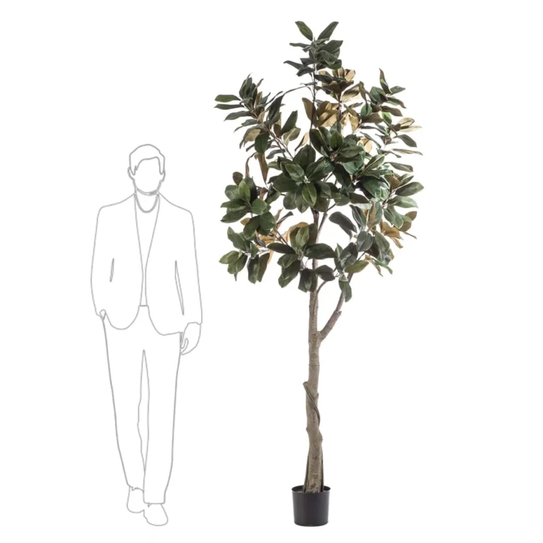 Magnolia artificial de gran tamaño con hojas verdes y doradas en maceta negra, decorativa para interiores.