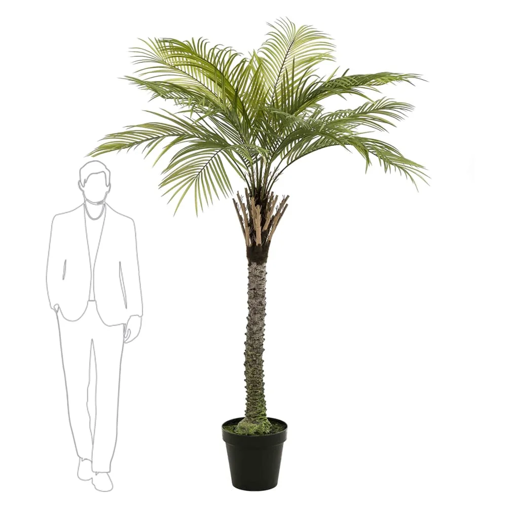 Palmera artificial grande de 155 cm de ancho con tronco texturizado y hojas tropicales, ideal para decoración interior.