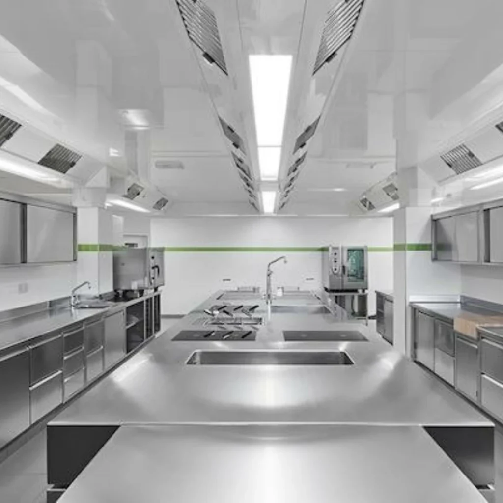 Cocina industrial de acero inoxidable con equipamiento profesional en sala blanca.